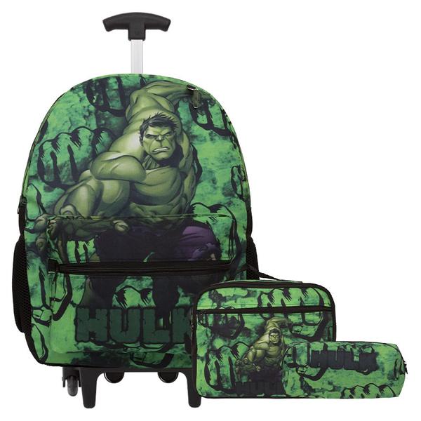 Imagem de Kit Mochila Infantil Rodinha Hulk Juvenil Lancheira Estojo