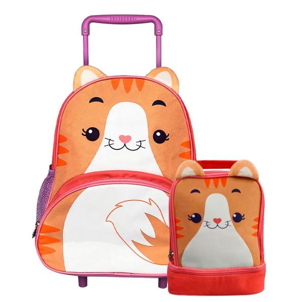 Imagem de Kit Mochila Infantil Rodinhas com Lancheira Térmica com Alça Bolsa Escolar Gatinho