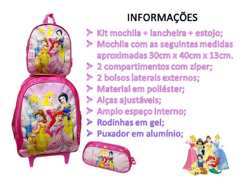 Imagem de Kit Mochila Infantil Rodinhas Princesa + Lancheira + Estojo