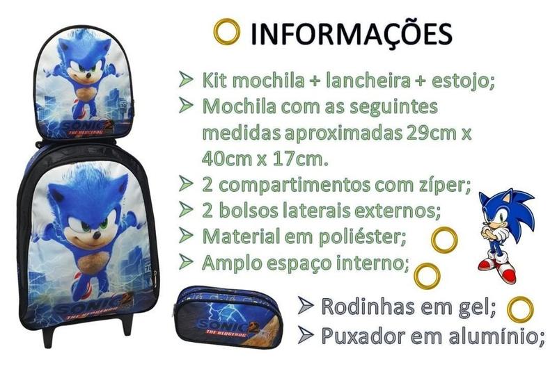 Imagem de Kit Mochila Infantil Rodinhas Sonic + Lancheira + Estojo