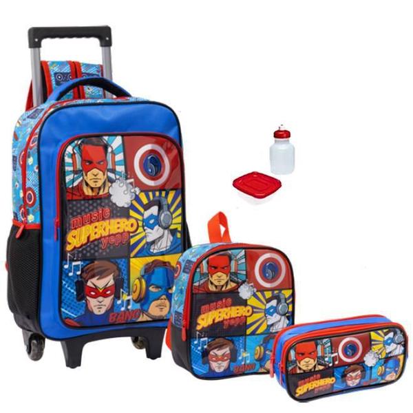 Imagem de Kit Mochila Infantil Super Heróis Rodinhas Tam G Escolar