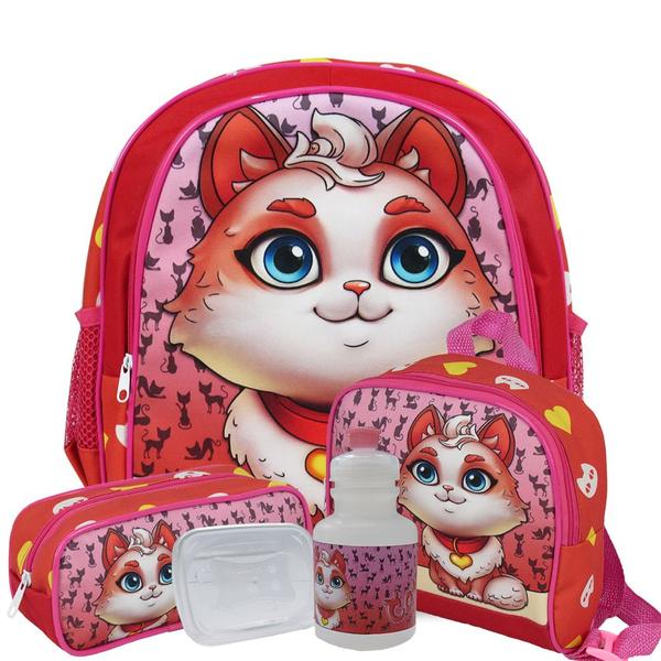 Imagem de Kit Mochila Infantil Tam M Lancheira e Estojo Gatinha Cat