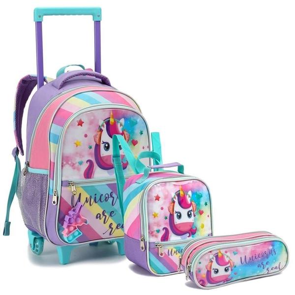 Imagem de Kit Mochila Infantil Unicórnio Estojo E Lancheira Dl1319