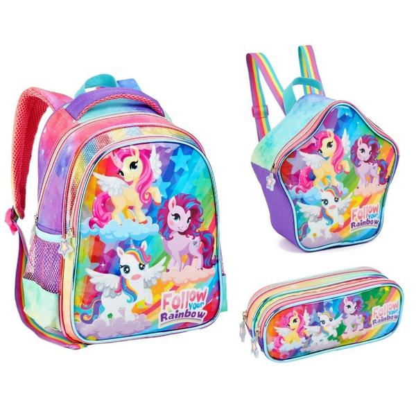 Imagem de Kit Mochila Lancheira e Estojo Escolar Infantil Unicórnio