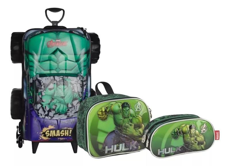 Imagem de Kit Mochila Malinha Escolar Hulk Monster Truck 3d Rodinhas G