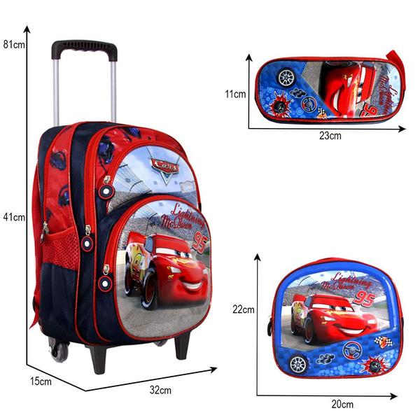 Imagem de Kit Mochila Masculina Carros 3D Rodinha Lancheira Infantil