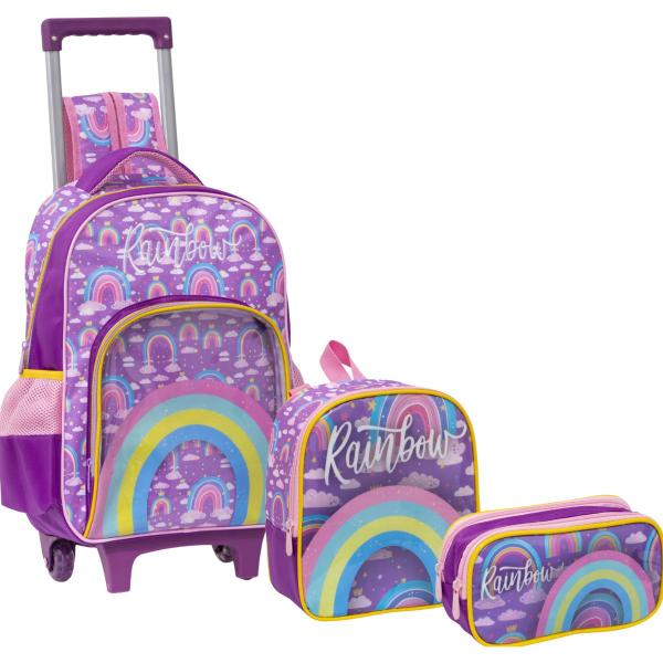 Imagem de Kit Mochila Rodinha Escolar Meninas  Rainbow Arco Iris Lilás