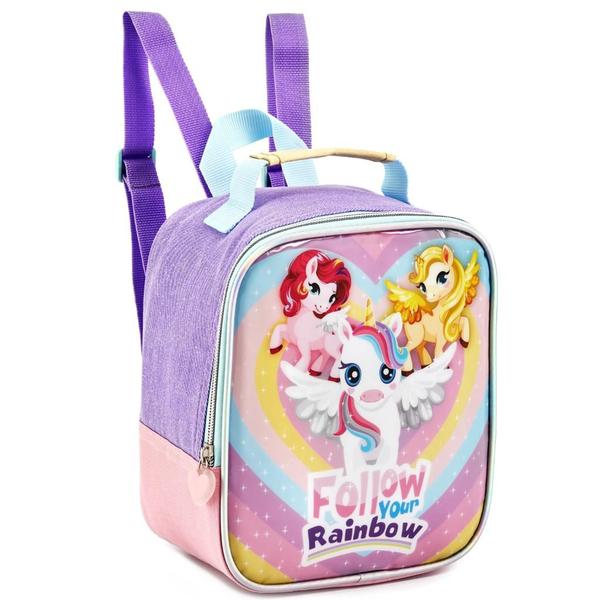 Imagem de Kit Mochila Rodinha Infantil Escolar Lancheira Estojo Unicornio Power Fofinho Denlex