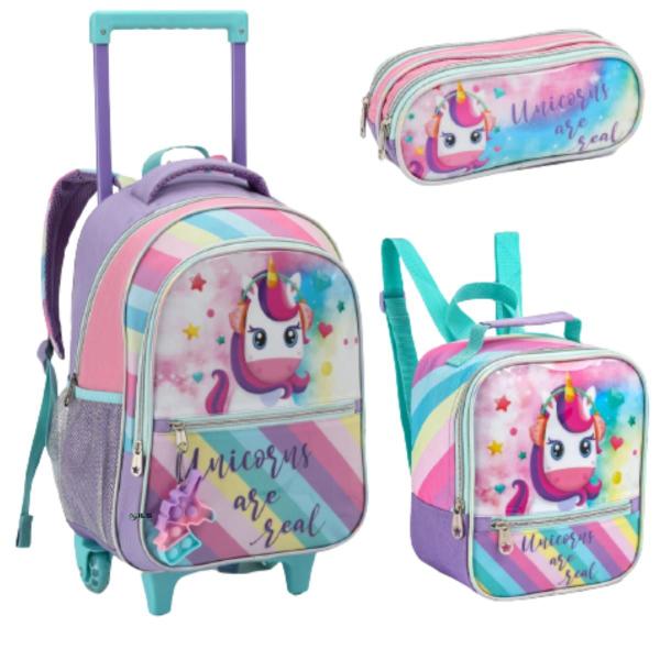 Imagem de Kit Mochila Rodinha Infantil Feminino Grande Unicornio Menina C/Alça Lancheira Estojo Top