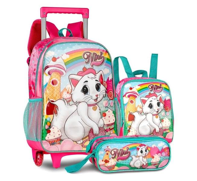 Imagem de Kit Mochila Rodinha Infantil Gatinha Menina Escolar Completa