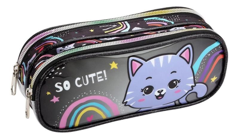 Imagem de Kit Mochila Rodinha Lancheira Escolar Menina Gatinho Glitter