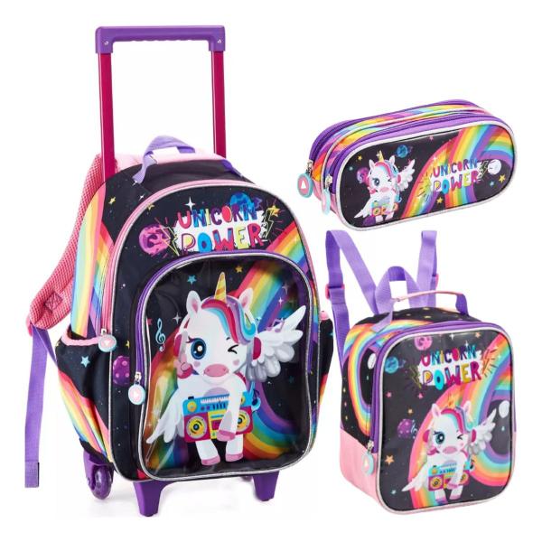 Imagem de Kit Mochila Rodinha Lancheira Estojo Duplo Infantil Feminina Menina Escolar Power Unicórnio Poney