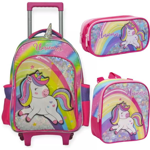 Imagem de Kit Mochila Rodinha Lancheira Estojo Escolar Infantil Menina Unicórnio Rainbown rosa Yepp