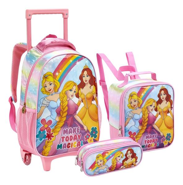 Imagem de Kit Mochila Rodinha Lancheira Estojo Infantil Escolar Menina Cinderela Bela Princesas Seanite