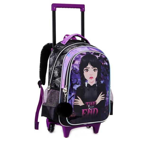 Imagem de Kit Mochila Rodinha Lancheira Estojo Infantil Menina Escolar Wandinha Addans