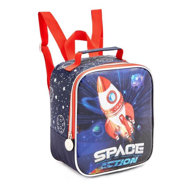 Imagem de Kit Mochila Rodinha Lancheira Estojo Infantil Space Nasa Astronauta Denlex Escolar