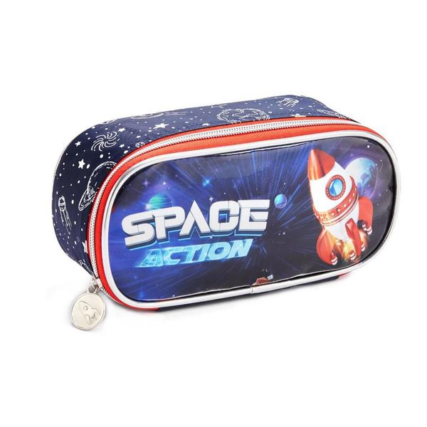 Imagem de Kit Mochila Rodinha Lancheira Estojo Infantil Space Nasa Astronauta Denlex Escolar