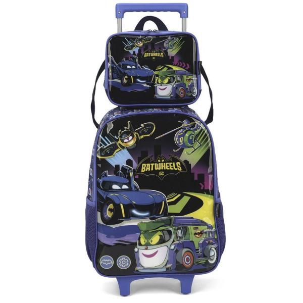 Imagem de Kit Mochila Rodinha Lancheira Infantil Escolar Batmovel Batman Wheels Azul Luxcel