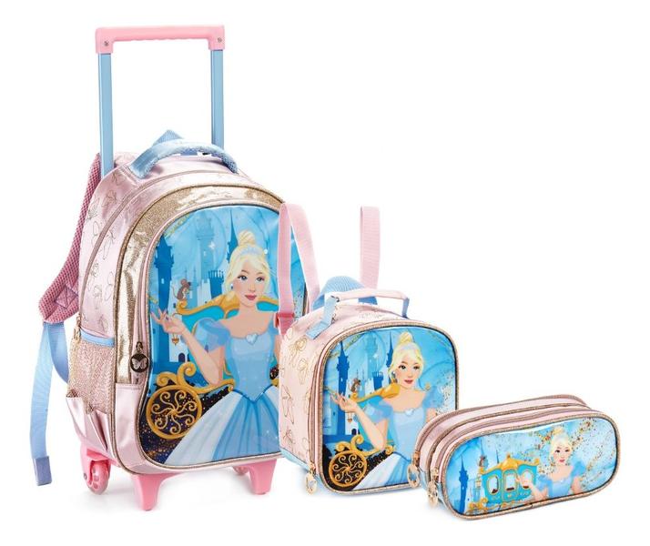 Imagem de Kit Mochila Rodinha Lancheira Térmica Estojo Duplo Infantil Escolar Menina Princesa Cinderela