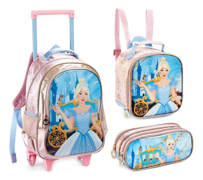 Imagem de Kit Mochila Rodinha Lancheira Térmica Estojo Duplo Infantil Escolar Menina Princesa Cinderela