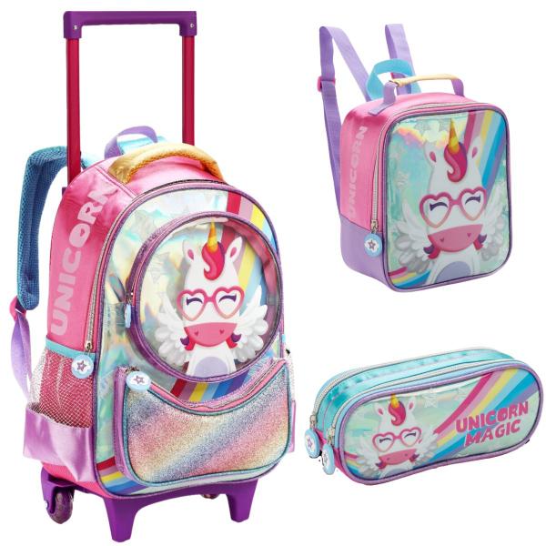 Imagem de Kit Mochila Rodinha Menina Lancheira Estojo Unicornio Poney