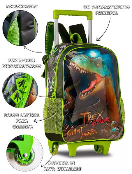 Imagem de Kit Mochila Rodinhas Infantil Masculina Escolar Dinossauro