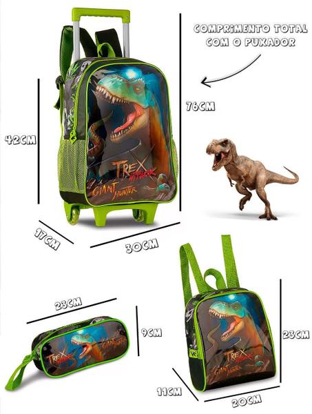 Imagem de Kit Mochila Rodinhas Infantil Masculina Escolar Dinossauro