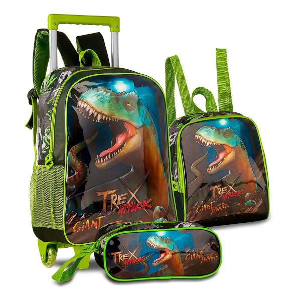 Imagem de Kit Mochila Rodinhas Infantil Masculina Escolar Dinossauro