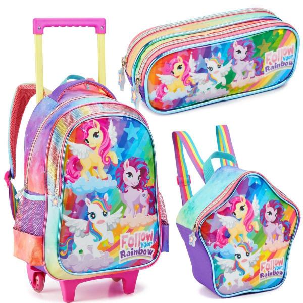 Imagem de Kit Mochila Rodinhas Lancheira Estojo Escolar Unicornio