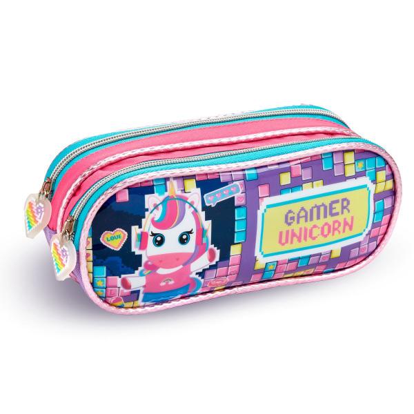 Imagem de Kit Mochila Rodinhas Lancheira Estojo Escolar Unicornio Gamer