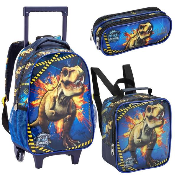 Imagem de Kit Mochila Rodinhas Lancheira Estojo Infantil Escolar Menino Dinossauro Premium Azul Seanite