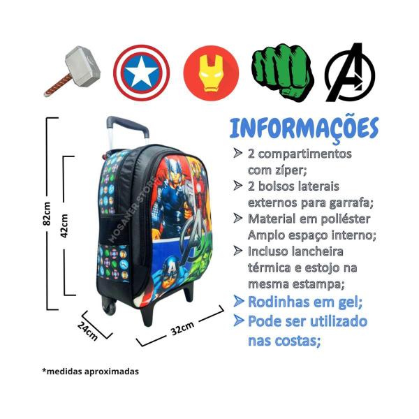 Imagem de Kit Mochila Rodinhas Masculina Infantil Vingadores Completo