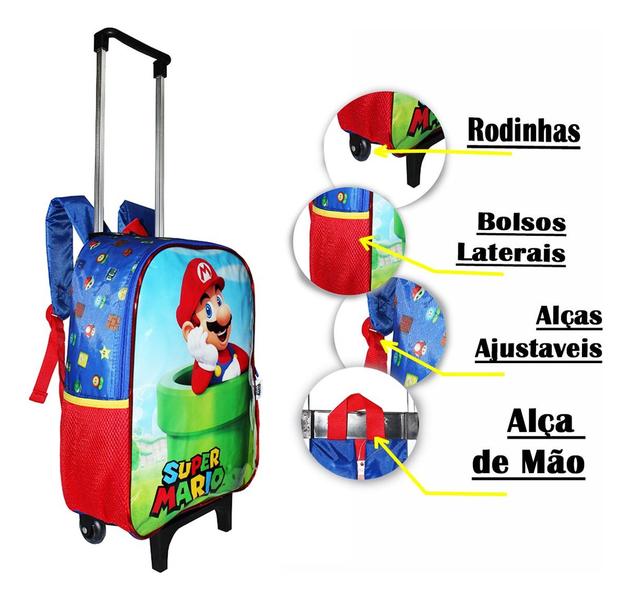 Imagem de Kit Mochila Super Mario Bros Infantil Rodinhas Original Gran