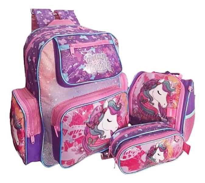 Imagem de Kit Mochila Unicornio Costas Infantil Chenson Escolar Menina