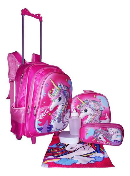 Imagem de Kit Mochila Unicórnio Infantil Feminina 3D Lancheira Rodinha