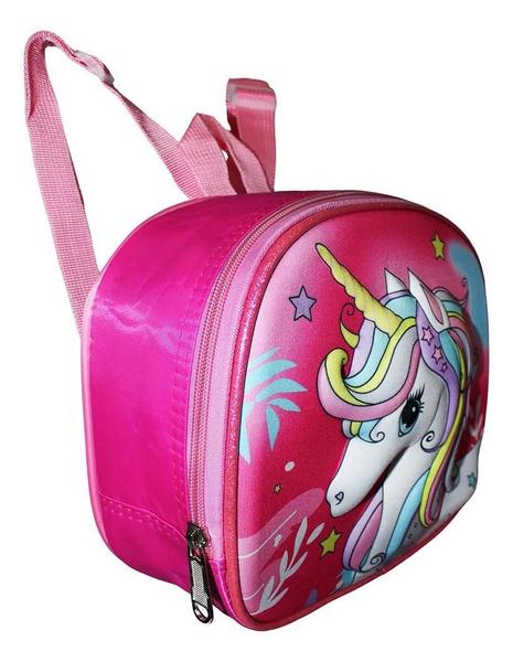 Imagem de Kit Mochila Unicórnio Infantil Feminina 3D Lancheira Rodinha