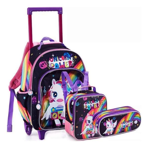 Imagem de Kit Mochila Unicórnio Infantil Feminina Rodinhas Dl1440