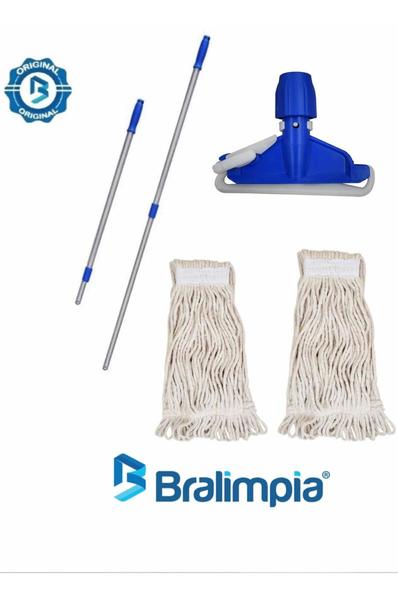 Imagem de Kit Mop Úmido Esfregão Com 2 Refil Cabo E Haste Bralimpia