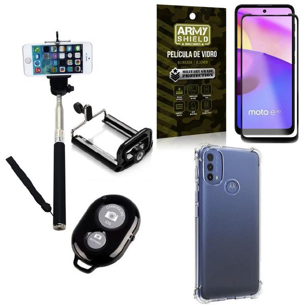 Imagem de Kit Moto E40 Bastão Selfie Bluetooth + Capinha Anti Impacto + Película Vidro 3D -Armyshield