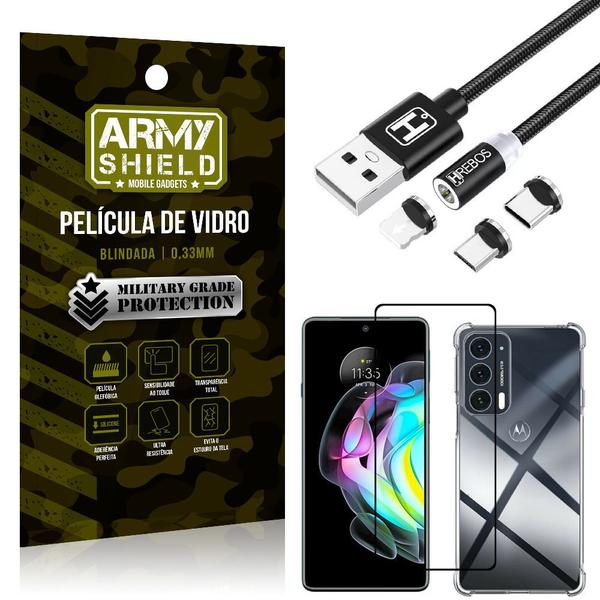 Imagem de Kit Moto Edge 20 Cabo Magnético 2 Metros + Capinha + Película 3D - Armyshield