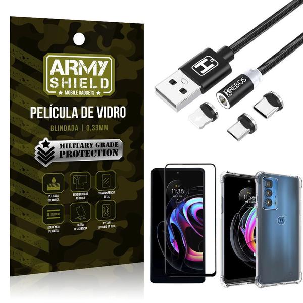 Imagem de Kit Moto Edge 20 Pro Cabo Magnético 2 Metros + Capinha + Película 3D - Armyshield