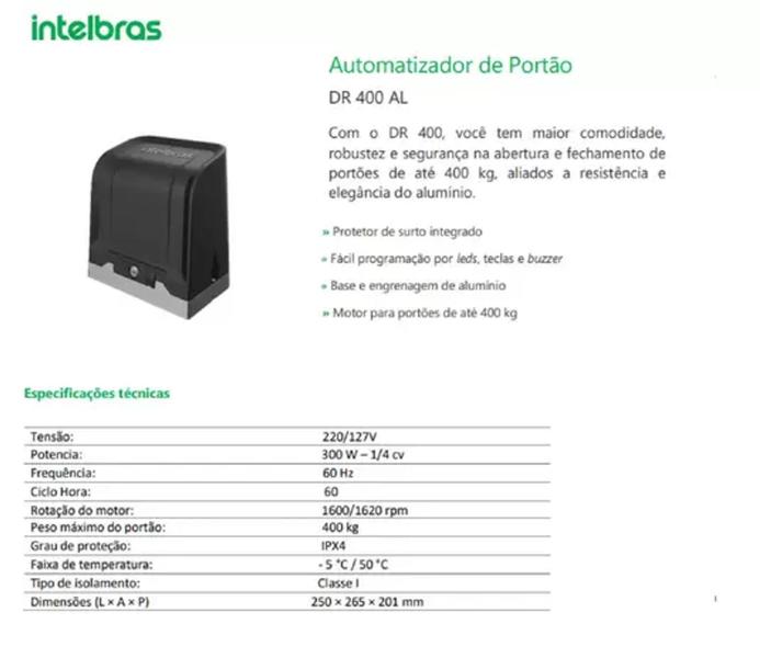 Kit Motor de Portão Eletrônico Intelbras DR 400 1/4 Hp Deslizante Imagem de Kit Motor de Portão Eletrônico Intelbras DR 400 1/4 Hp Deslizante