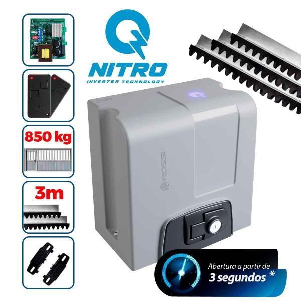 Imagem de Kit Motor Rossi DZ4 NITRO Bivolt para Portão 850Kg Deslizante Automático Eletrônico Abertura Rápida 2 Controles + 3 Metros de Cremalheira