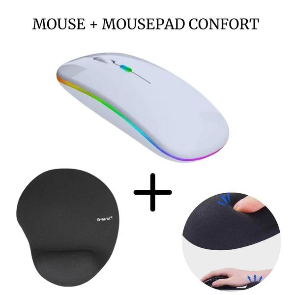 Imagem de Kit Mouse Sem Fio Bluetooth Recarregável Led + Mousepad Ergonômico Para Pc Notebook 