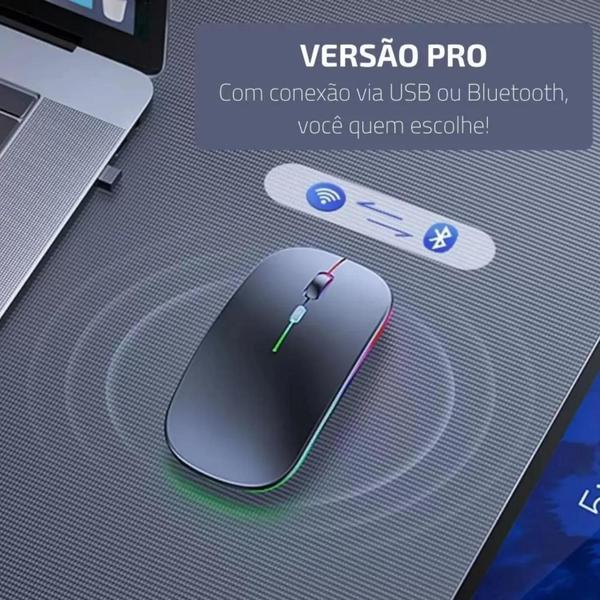 Imagem de Kit Mouse Sem Fio Bluetooth Recarregável Led + Mousepad Ergonômico Para Pc Notebook 