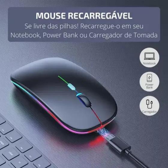 Imagem de Kit Mouse Sem Fio Bluetooth Recarregável Led + Mousepad Ergonômico Para Pc Notebook 