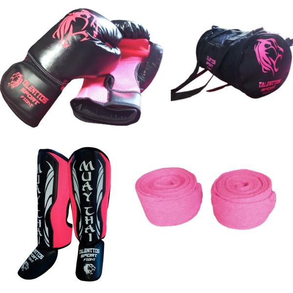 Imagem de Kit Muay Thai Boxe Kickboxing Luva+Caneleira+ Bandagem +Bolsa