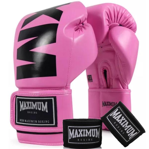 Imagem de Kit Muay Thai Boxe Maximum Luva Mxm Pink + Bandagem 3 Metros