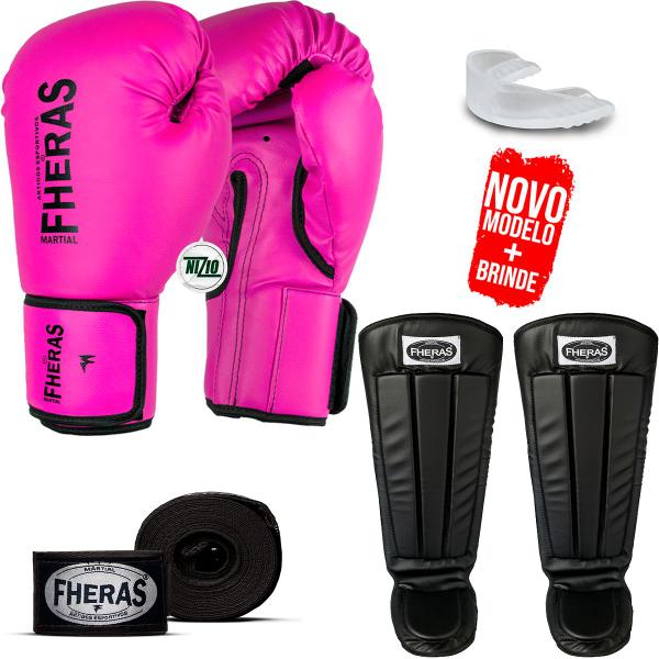 Imagem de Kit Muay Thai Luva Bandagem Bucal Caneleira Top Rosa 14oz