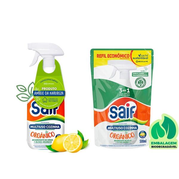 Imagem de Kit Multiuso Cozinha Orgânico Gatilho 500ml Saif + Sachê 500ml Saif